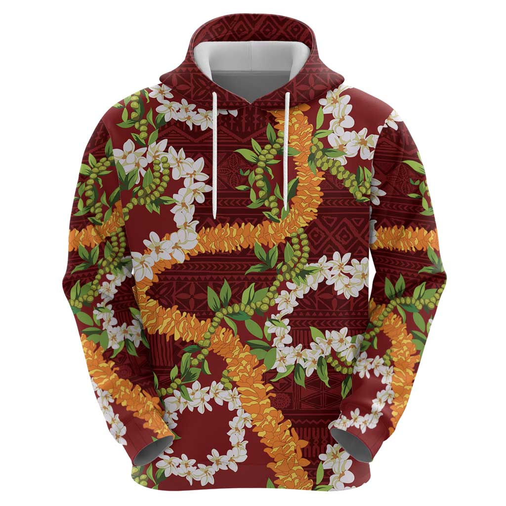 Aloha Festive Hawaii Hoodie Mokihana - Maile and Ilima on Crimson - Polynesian Pride