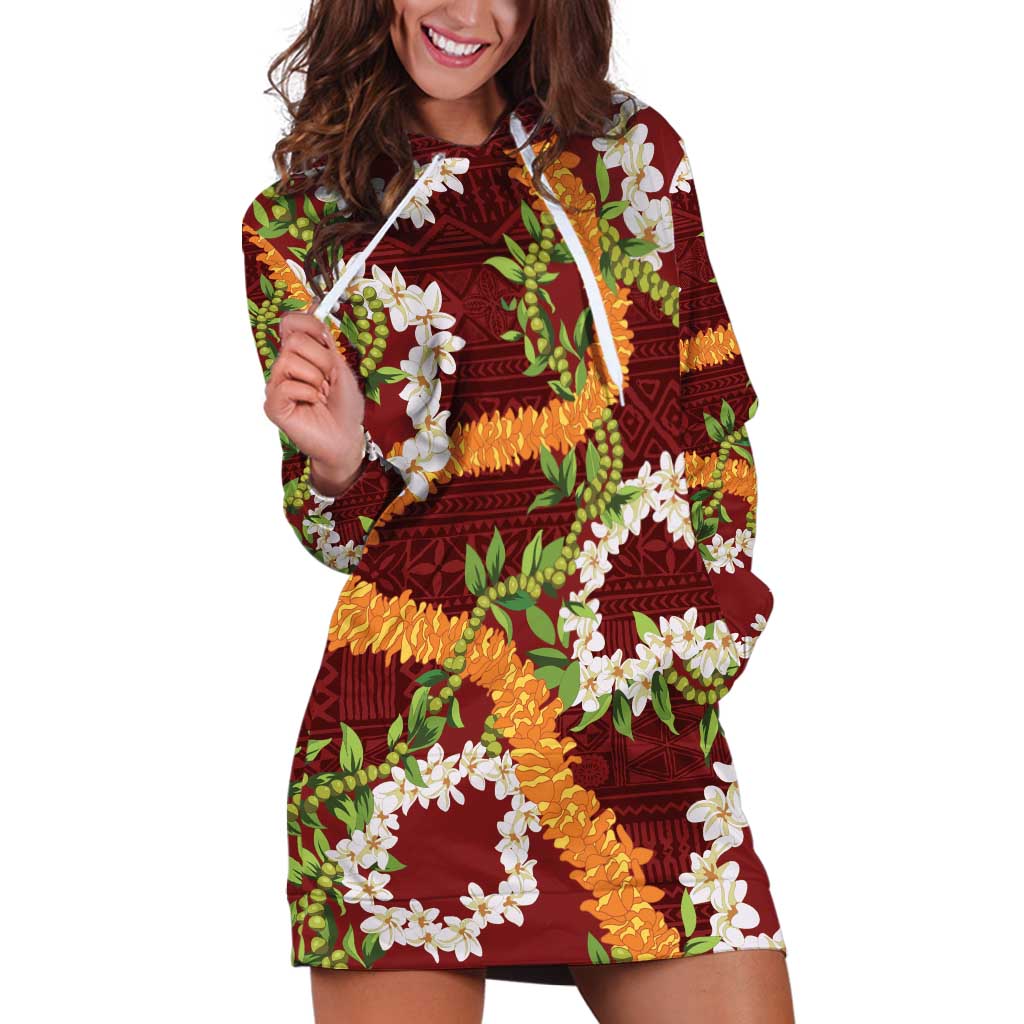 Aloha Festive Hawaii Hoodie Dress Mokihana - Maile and Ilima on Crimson - Polynesian Pride