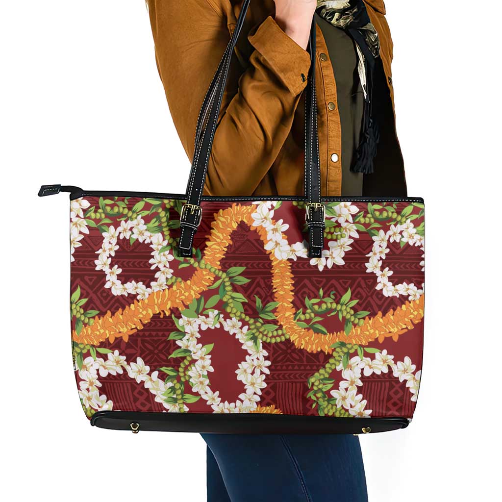 Aloha Festive Hawaii Leather Tote Bag Mokihana - Maile and Ilima on Crimson - Polynesian Pride