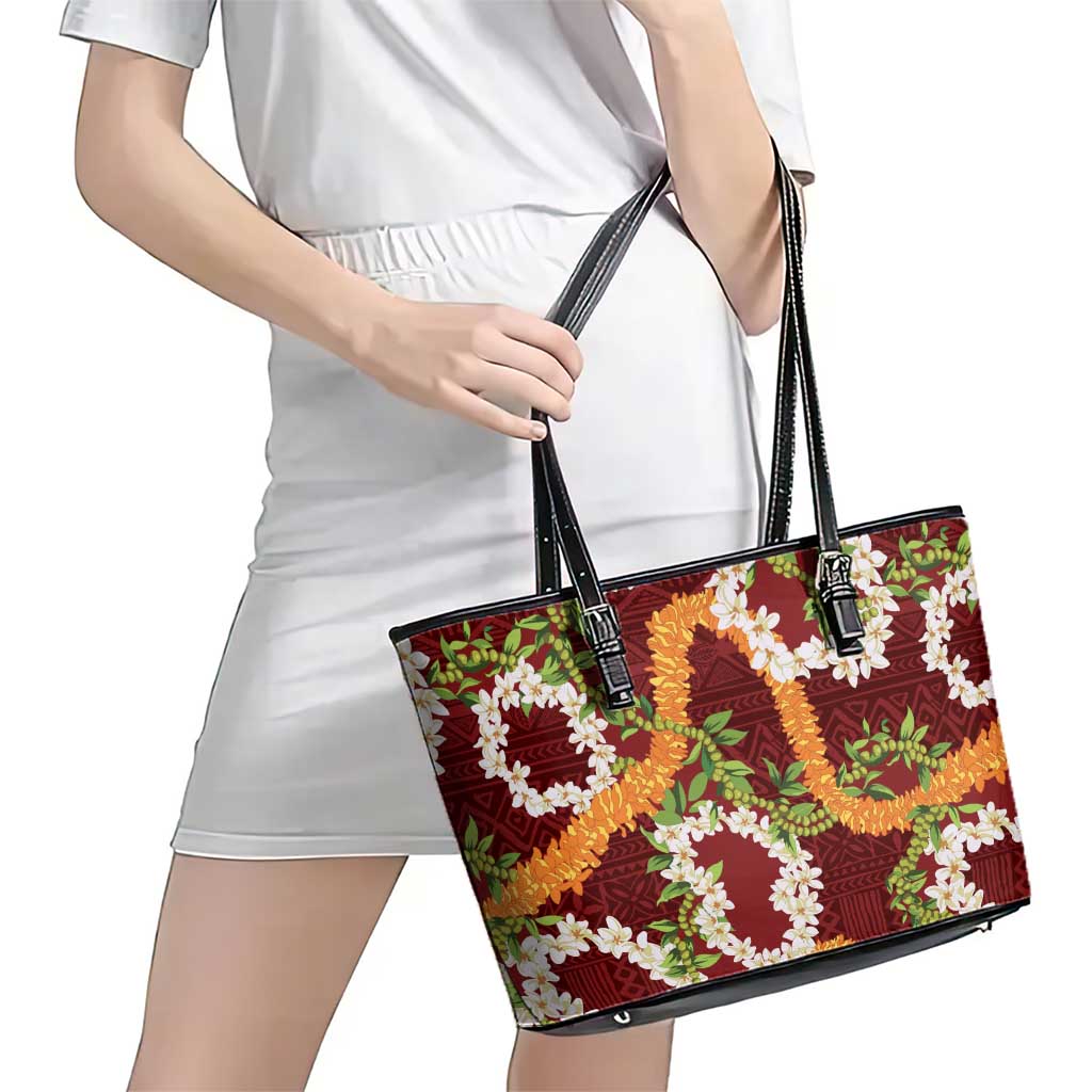 Aloha Festive Hawaii Leather Tote Bag Mokihana - Maile and Ilima on Crimson - Polynesian Pride