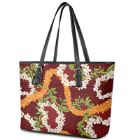 Aloha Festive Hawaii Leather Tote Bag Mokihana - Maile and Ilima on Crimson - Polynesian Pride