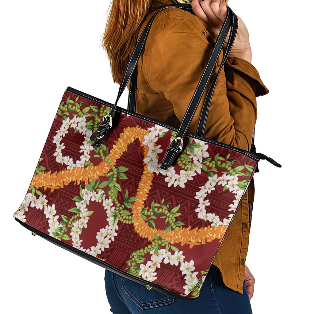 Aloha Festive Hawaii Leather Tote Bag Mokihana - Maile and Ilima on Crimson - Polynesian Pride