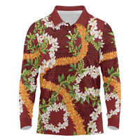 Aloha Festive Hawaii Long Sleeve Polo Shirt Mokihana - Maile and Ilima on Crimson - Polynesian Pride
