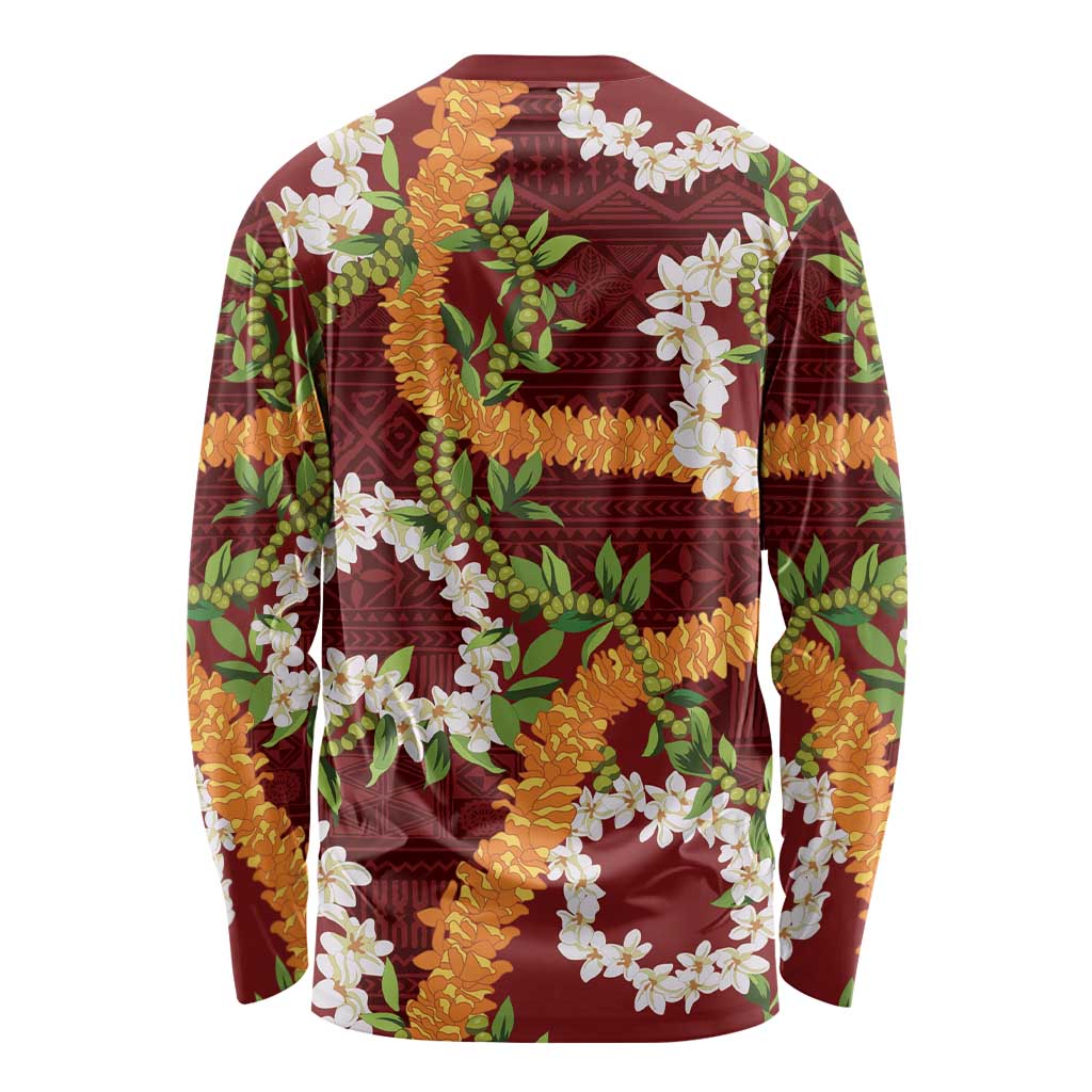 Aloha Festive Hawaii Long Sleeve Shirt Mokihana - Maile and Ilima on Crimson - Polynesian Pride