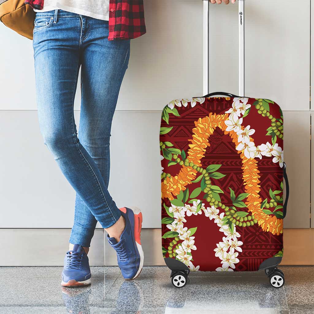 Aloha Festive Hawaii Luggage Cover Mokihana - Maile and Ilima on Crimson - Polynesian Pride