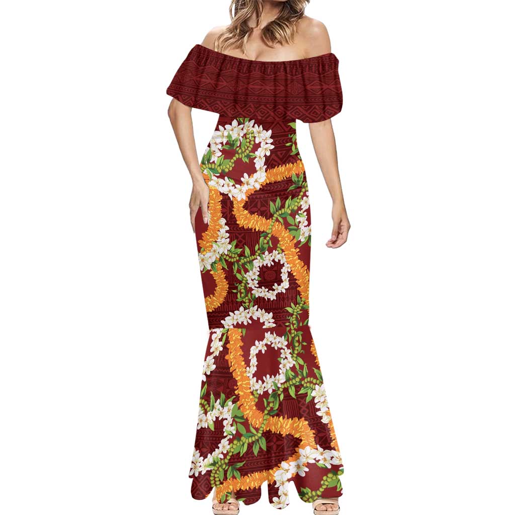 Aloha Festive Hawaii Mermaid Dress Mokihana - Maile and Ilima on Crimson - Polynesian Pride