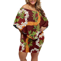 Aloha Festive Hawaii Off Shoulder Short Dress Mokihana - Maile and Ilima on Crimson - Polynesian Pride