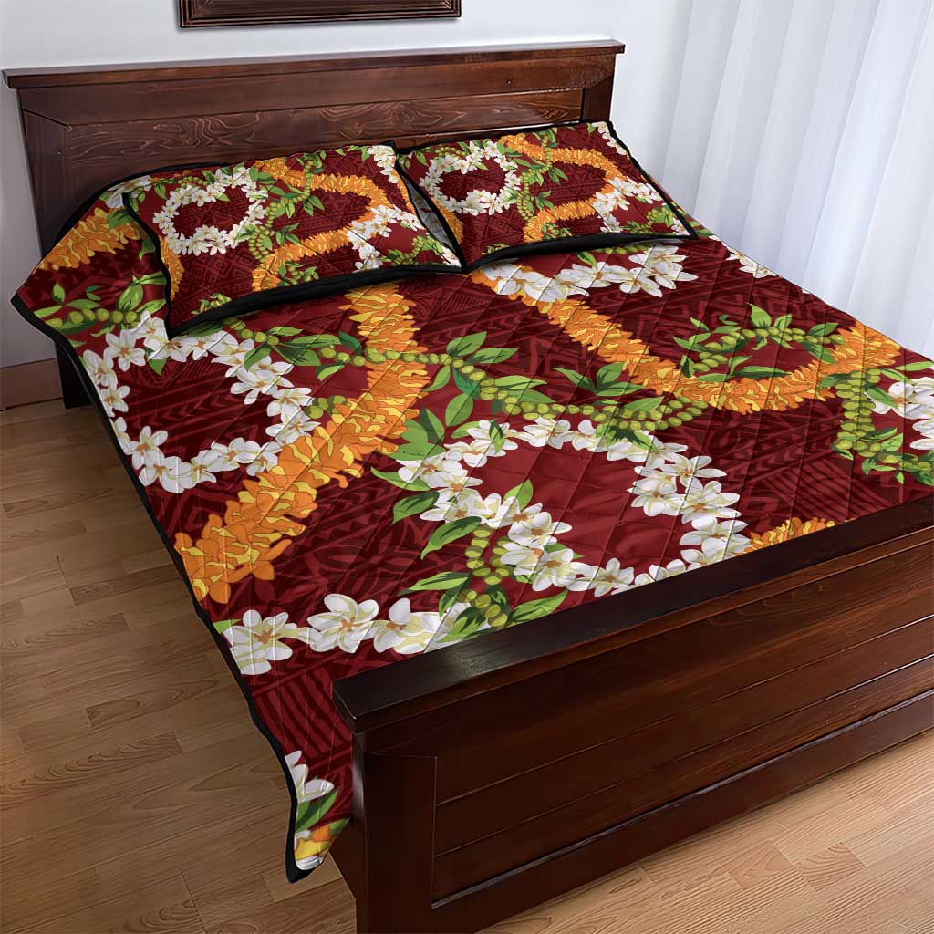 Aloha Festive Hawaii Quilt Bed Set Mokihana - Maile and Ilima on Crimson - Polynesian Pride