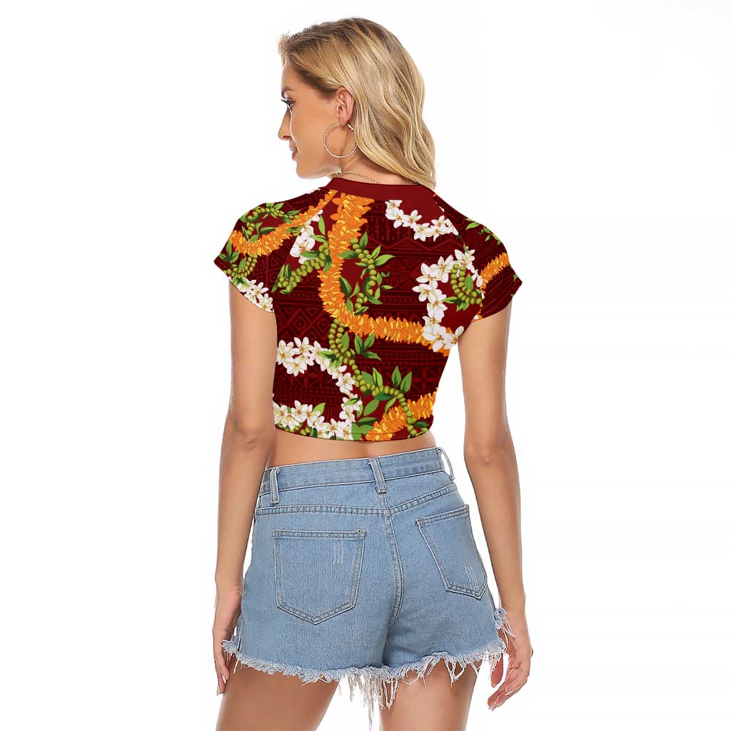Aloha Festive Hawaii Raglan Cropped T Shirt Mokihana - Maile and Ilima on Crimson - Polynesian Pride