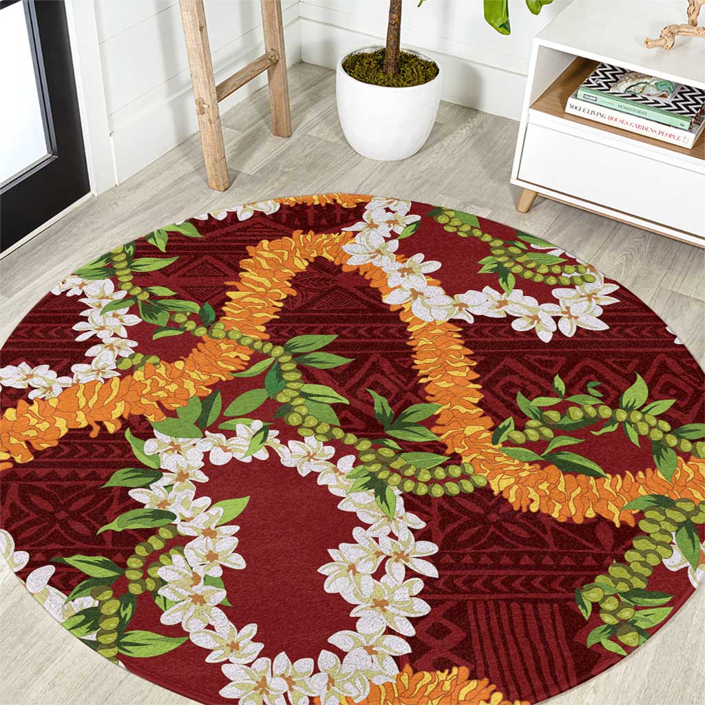 Aloha Festive Hawaii Round Carpet Mokihana - Maile and Ilima on Crimson - Polynesian Pride