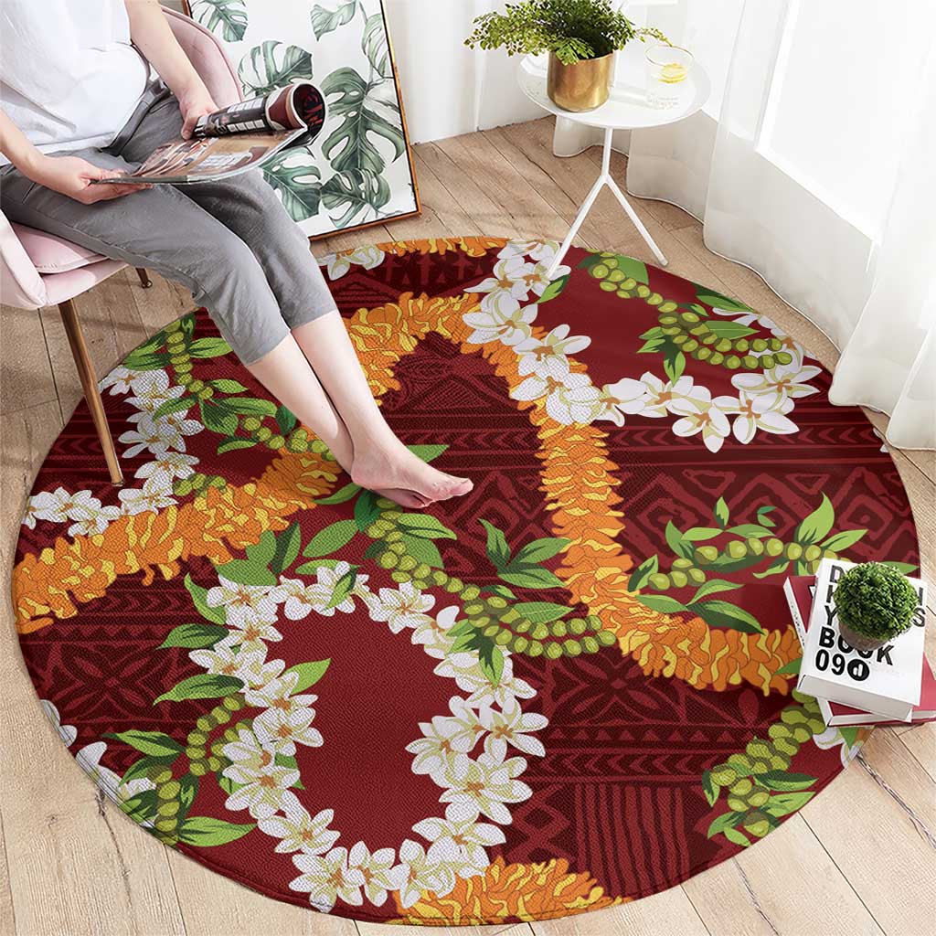 Aloha Festive Hawaii Round Carpet Mokihana - Maile and Ilima on Crimson - Polynesian Pride