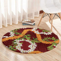 Aloha Festive Hawaii Round Carpet Mokihana - Maile and Ilima on Crimson - Polynesian Pride