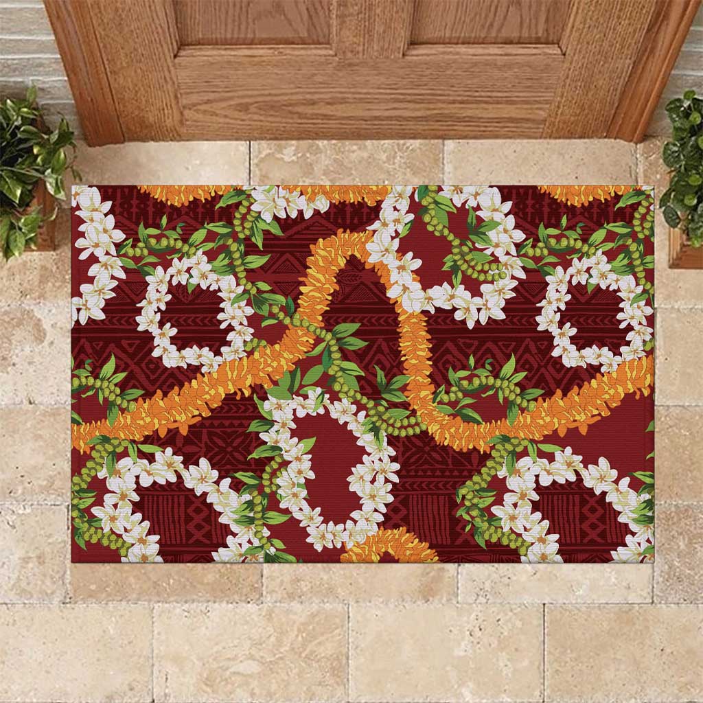 Aloha Festive Hawaii Rubber Doormat Mokihana - Maile and Ilima on Crimson - Polynesian Pride