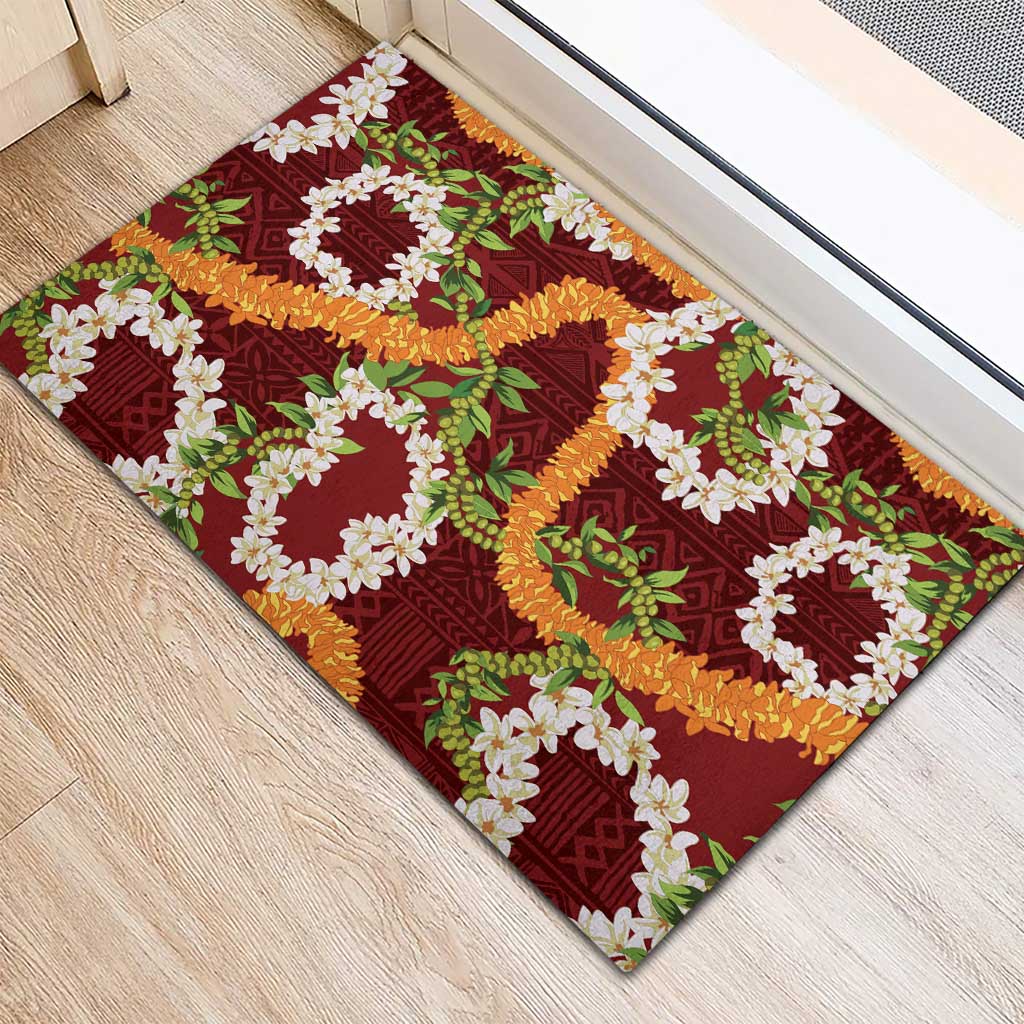 Aloha Festive Hawaii Rubber Doormat Mokihana - Maile and Ilima on Crimson - Polynesian Pride