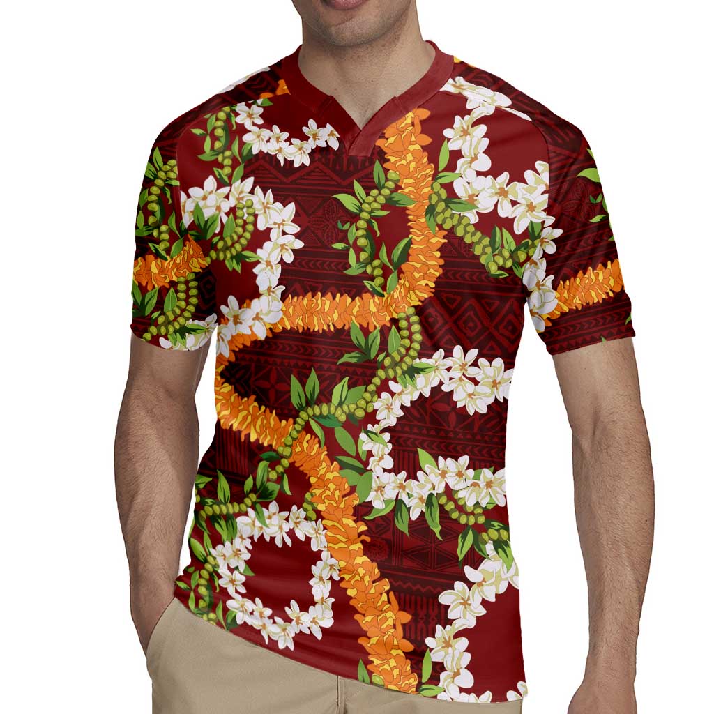 Aloha Festive Hawaii Rugby Jersey Mokihana - Maile and Ilima on Crimson - Polynesian Pride