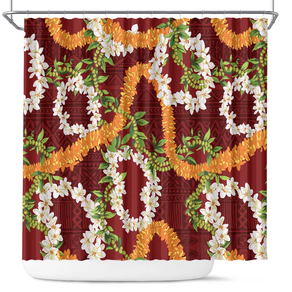 Aloha Festive Hawaii Shower Curtain Mokihana - Maile and Ilima on Crimson - Polynesian Pride