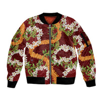 Aloha Festive Hawaii Sleeve Zip Bomber Jacket Mokihana - Maile and Ilima on Crimson - Polynesian Pride