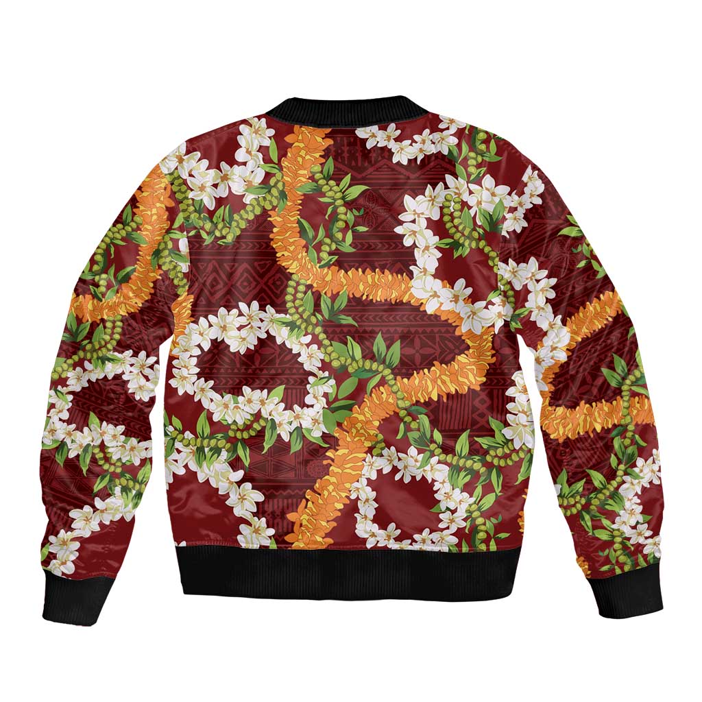 Aloha Festive Hawaii Sleeve Zip Bomber Jacket Mokihana - Maile and Ilima on Crimson - Polynesian Pride