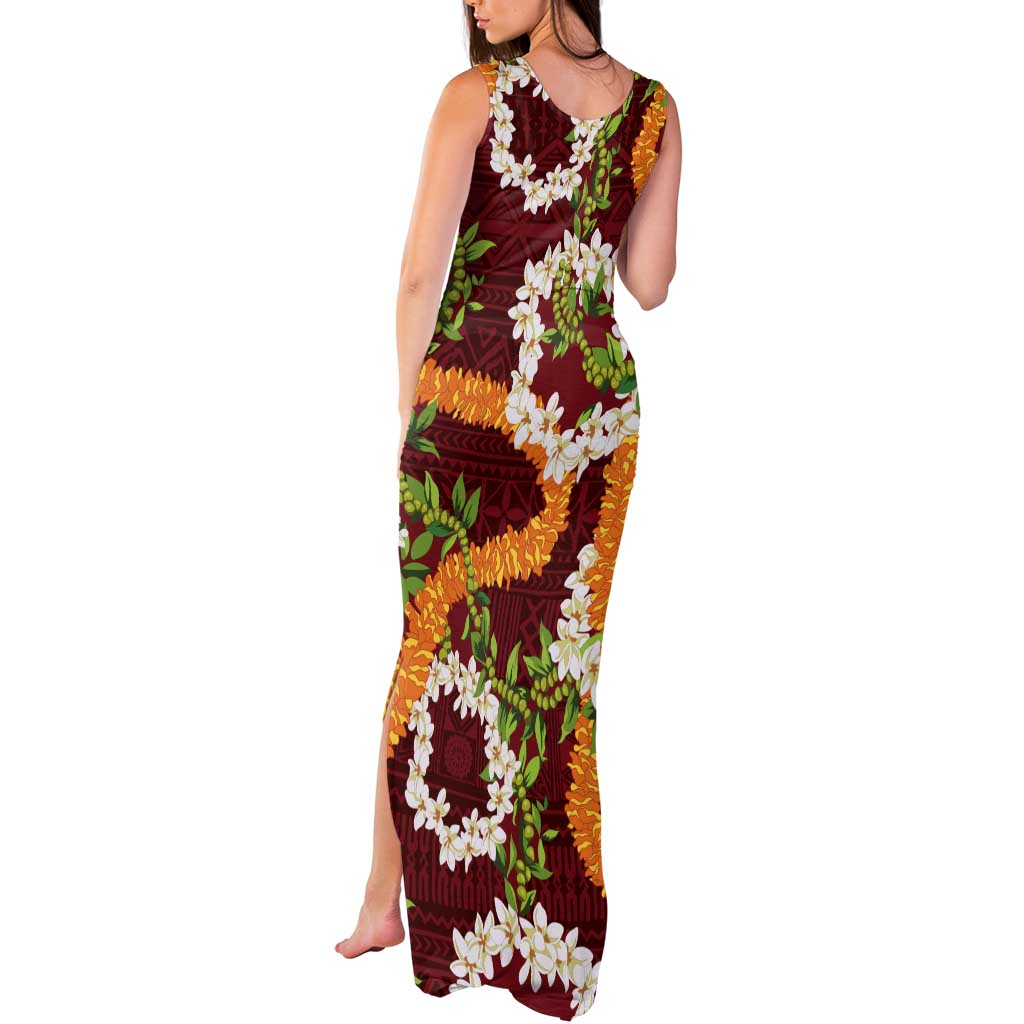 Aloha Festive Hawaii Tank Maxi Dress Mokihana - Maile and Ilima on Crimson - Polynesian Pride