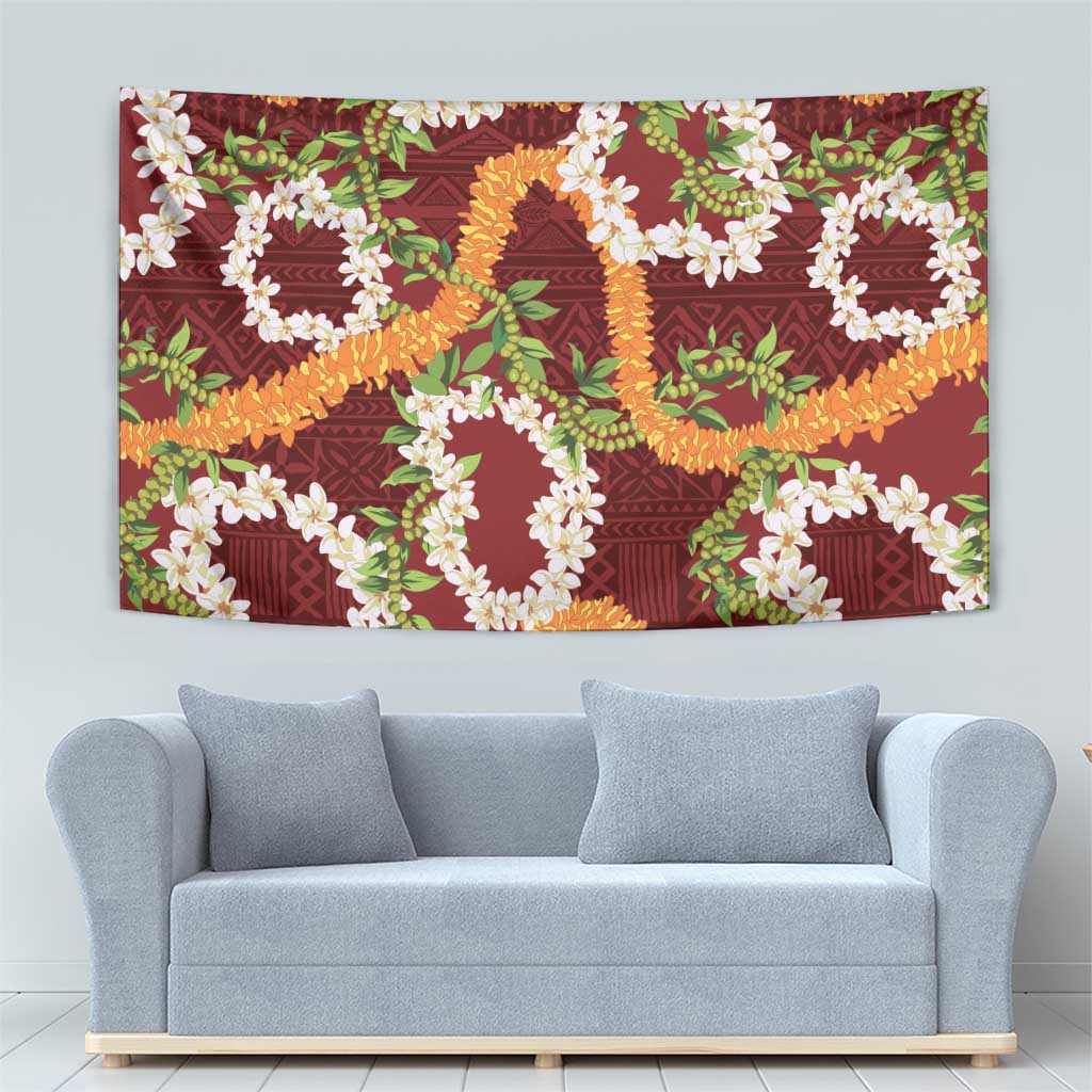 Aloha Festive Hawaii Tapestry Mokihana - Maile and Ilima on Crimson - Polynesian Pride