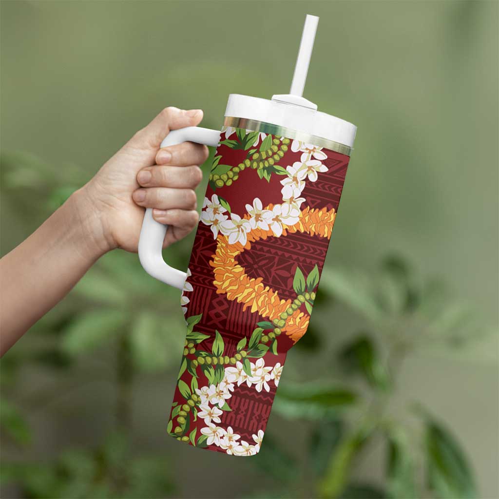 Aloha Festive Hawaii Tumbler With Handle Mokihana - Maile and Ilima on Crimson - Polynesian Pride