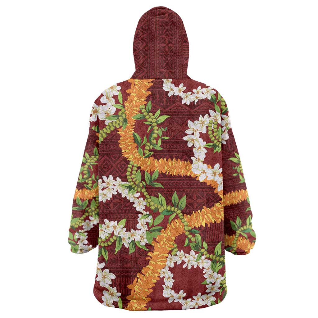 Aloha Festive Hawaii Wearable Blanket Hoodie Mokihana - Maile and Ilima on Crimson - Polynesian Pride