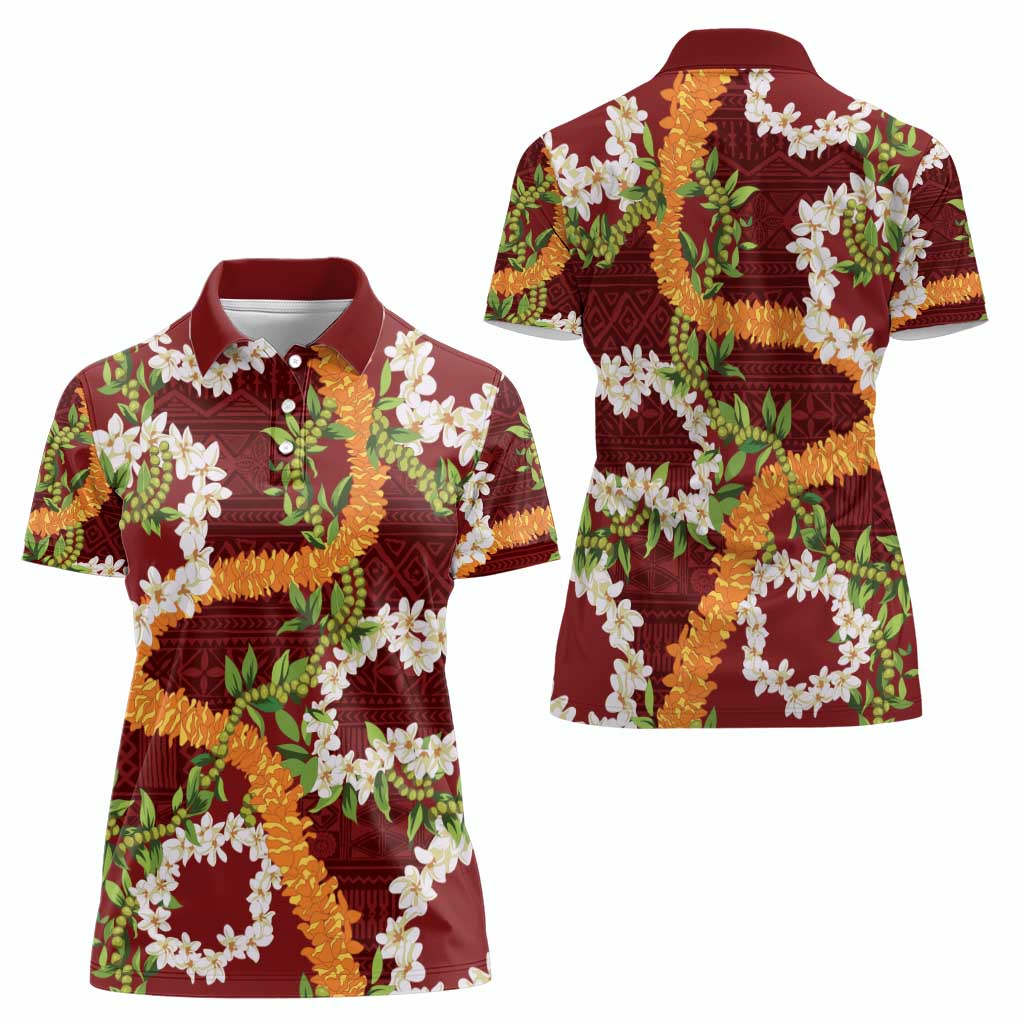 Aloha Festive Hawaii Women Polo Shirt Mokihana - Maile and Ilima on Crimson - Polynesian Pride