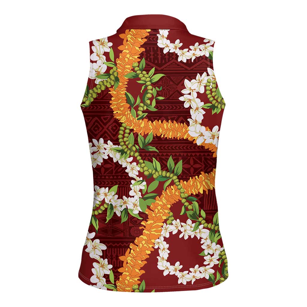 Aloha Festive Hawaii Women Sleeveless Polo Shirt Mokihana - Maile and Ilima on Crimson - Polynesian Pride