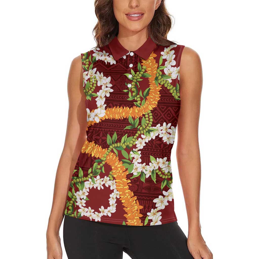 Aloha Festive Hawaii Women Sleeveless Polo Shirt Mokihana - Maile and Ilima on Crimson - Polynesian Pride