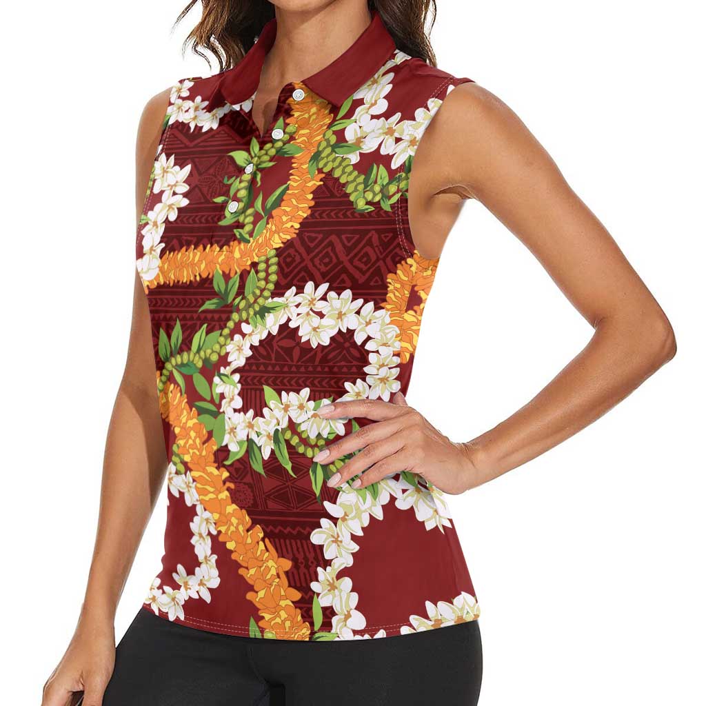 Aloha Festive Hawaii Women Sleeveless Polo Shirt Mokihana - Maile and Ilima on Crimson - Polynesian Pride