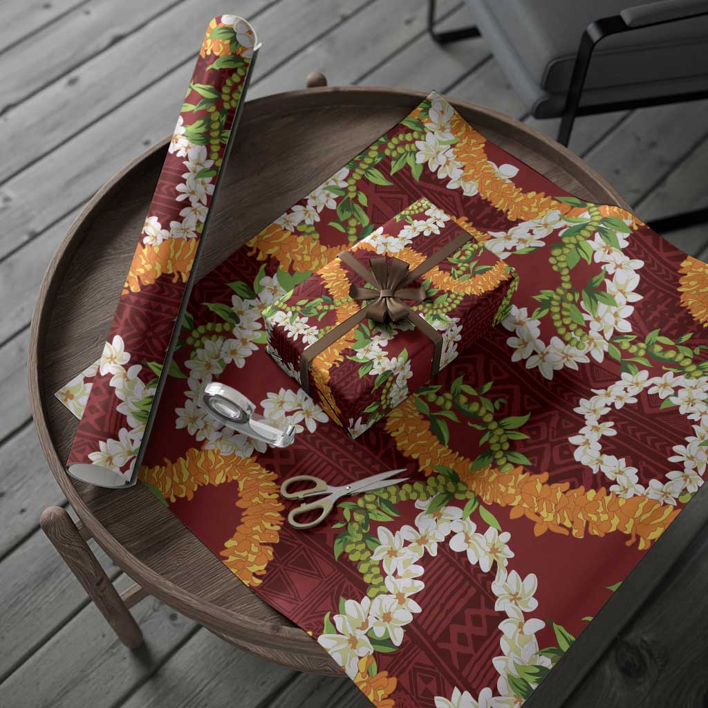 Aloha Festive Hawaii Wrapping Paper Mokihana - Maile and Ilima on Crimson LT7 - Polynesian Pride