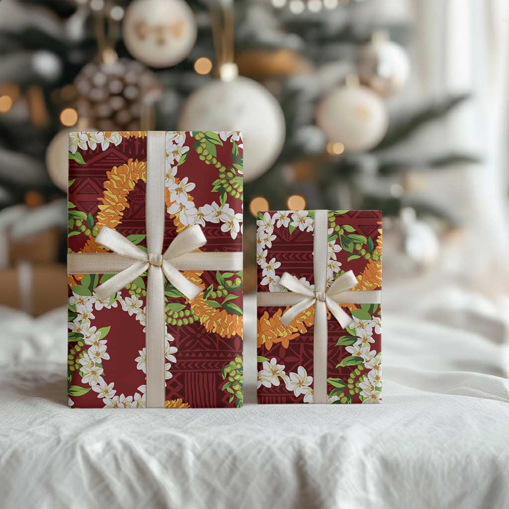 Aloha Festive Hawaii Wrapping Paper Mokihana - Maile and Ilima on Crimson LT7 - Polynesian Pride