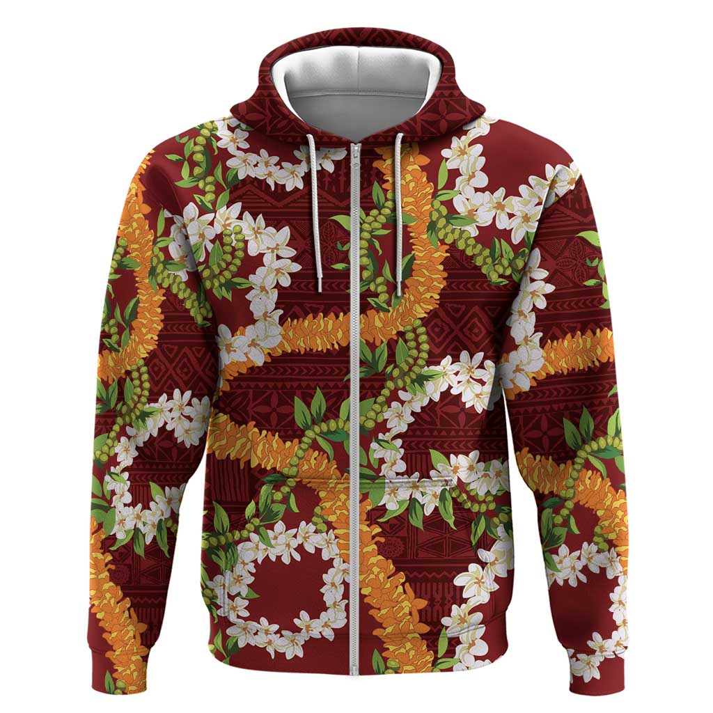 Aloha Festive Hawaii Zip Hoodie Mokihana - Maile and Ilima on Crimson - Polynesian Pride