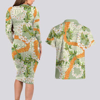 Aloha Festive Hawaii Couples Matching Long Sleeve Bodycon Dress and Hawaiian Shirt Mokihana - Maile Leis in Muted Summer - Polynesian Pride