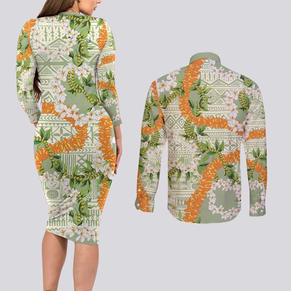 Aloha Festive Hawaii Couples Matching Long Sleeve Bodycon Dress and Long Sleeve Button Shirt Mokihana - Maile Leis in Muted Summer - Polynesian Pride