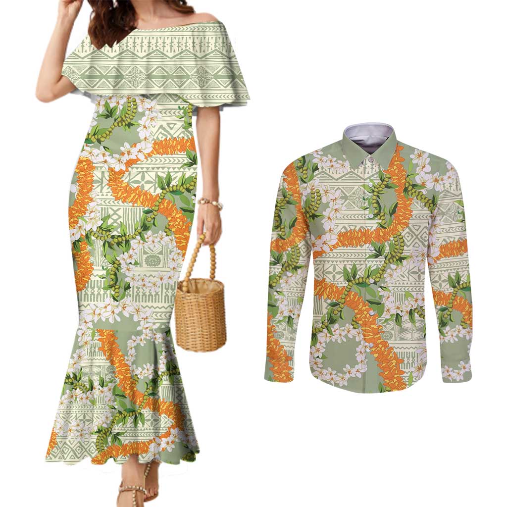 Aloha Festive Hawaii Couples Matching Mermaid Dress and Long Sleeve Button Shirt Mokihana - Maile Leis in Muted Summer - Polynesian Pride