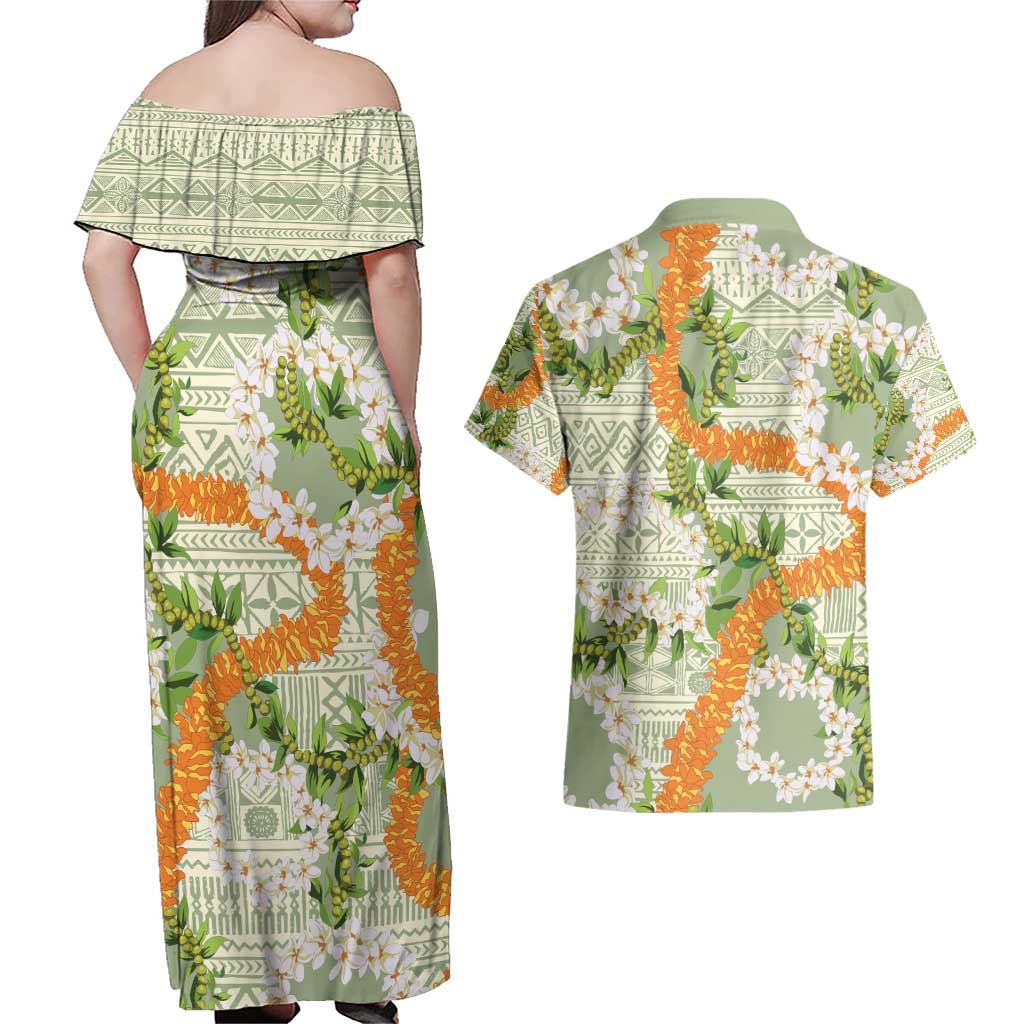 Aloha Festive Hawaii Couples Matching Off Shoulder Maxi Dress and Hawaiian Shirt Mokihana - Maile Leis in Muted Summer - Polynesian Pride