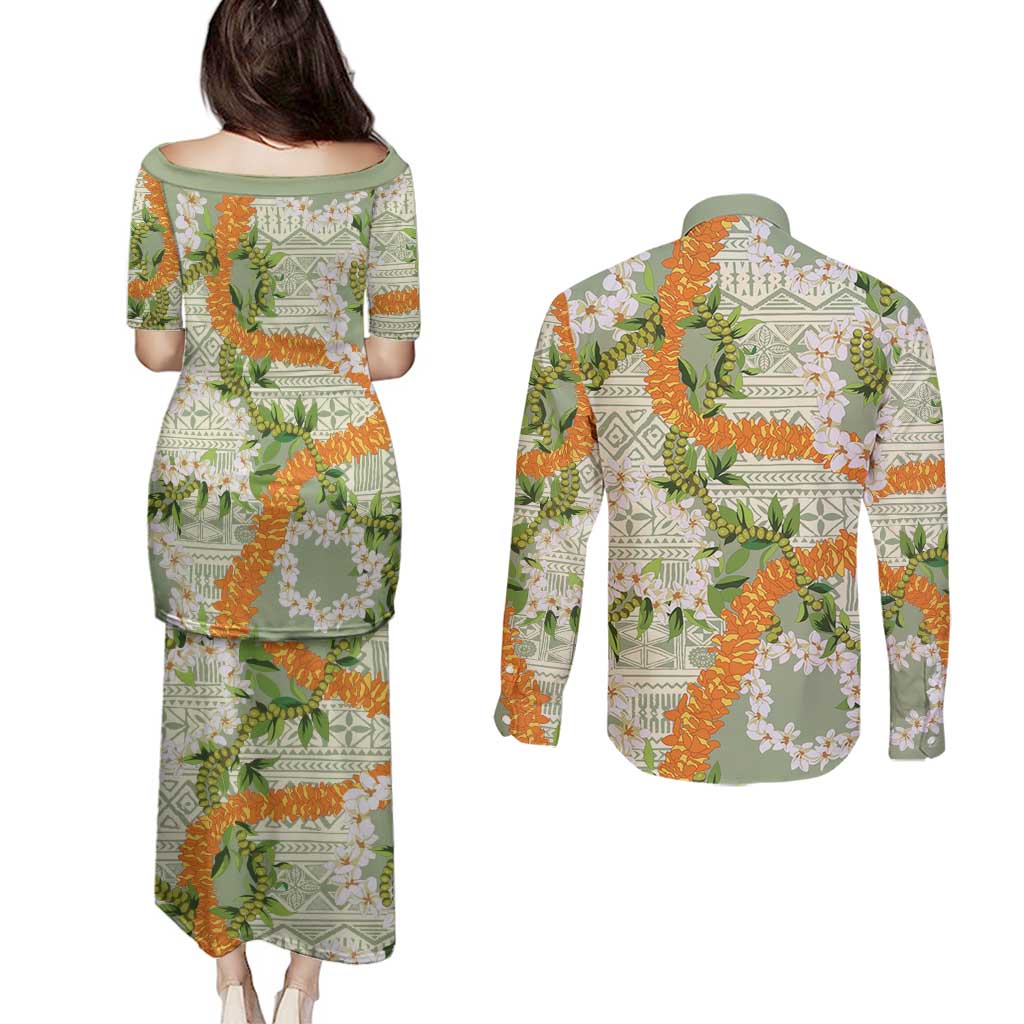 Aloha Festive Hawaii Couples Matching Puletasi and Long Sleeve Button Shirt Mokihana - Maile Leis in Muted Summer - Polynesian Pride