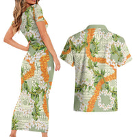 Aloha Festive Hawaii Couples Matching Short Sleeve Bodycon Dress and Hawaiian Shirt Mokihana - Maile Leis in Muted Summer - Polynesian Pride