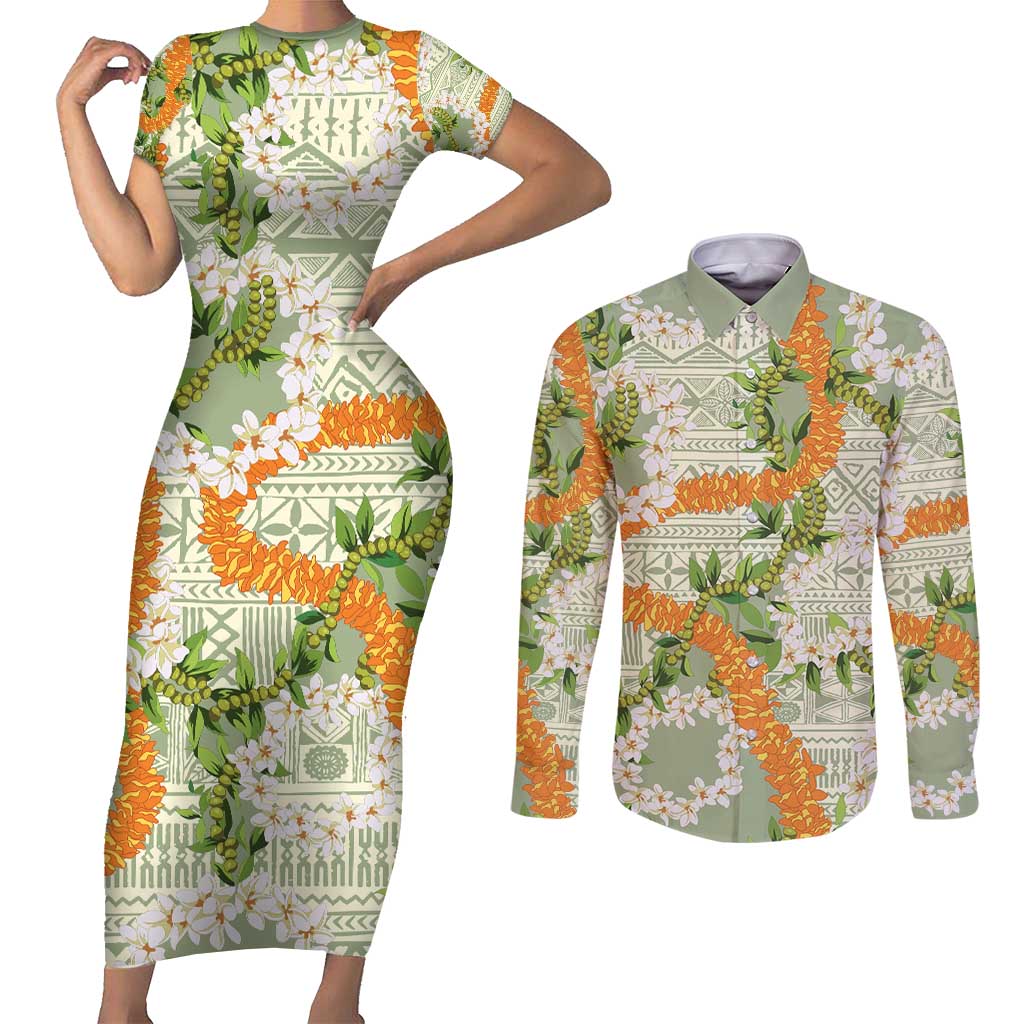 Aloha Festive Hawaii Couples Matching Short Sleeve Bodycon Dress and Long Sleeve Button Shirt Mokihana - Maile Leis in Muted Summer - Polynesian Pride