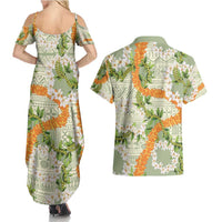 Aloha Festive Hawaii Couples Matching Summer Maxi Dress and Hawaiian Shirt Mokihana - Maile Leis in Muted Summer - Polynesian Pride