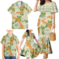 Aloha Festive Hawaii Family Matching Mermaid Dress and Hawaiian Shirt Mokihana - Maile Leis in Muted Summer - Polynesian Pride