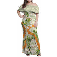 Aloha Festive Hawaii Family Matching Off Shoulder Maxi Dress and Hawaiian Shirt Mokihana - Maile Leis in Muted Summer - Polynesian Pride