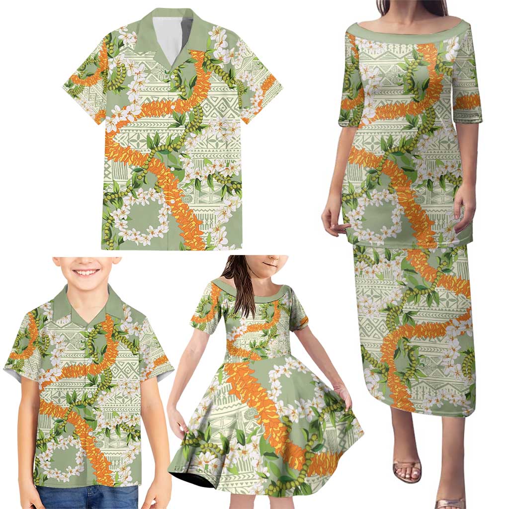 Aloha Festive Hawaii Family Matching Puletasi and Hawaiian Shirt Mokihana - Maile Leis in Muted Summer - Polynesian Pride