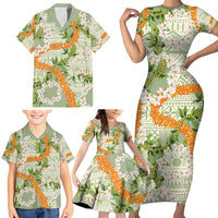 Aloha Festive Hawaii Family Matching Short Sleeve Bodycon Dress and Hawaiian Shirt Mokihana - Maile Leis in Muted Summer - Polynesian Pride