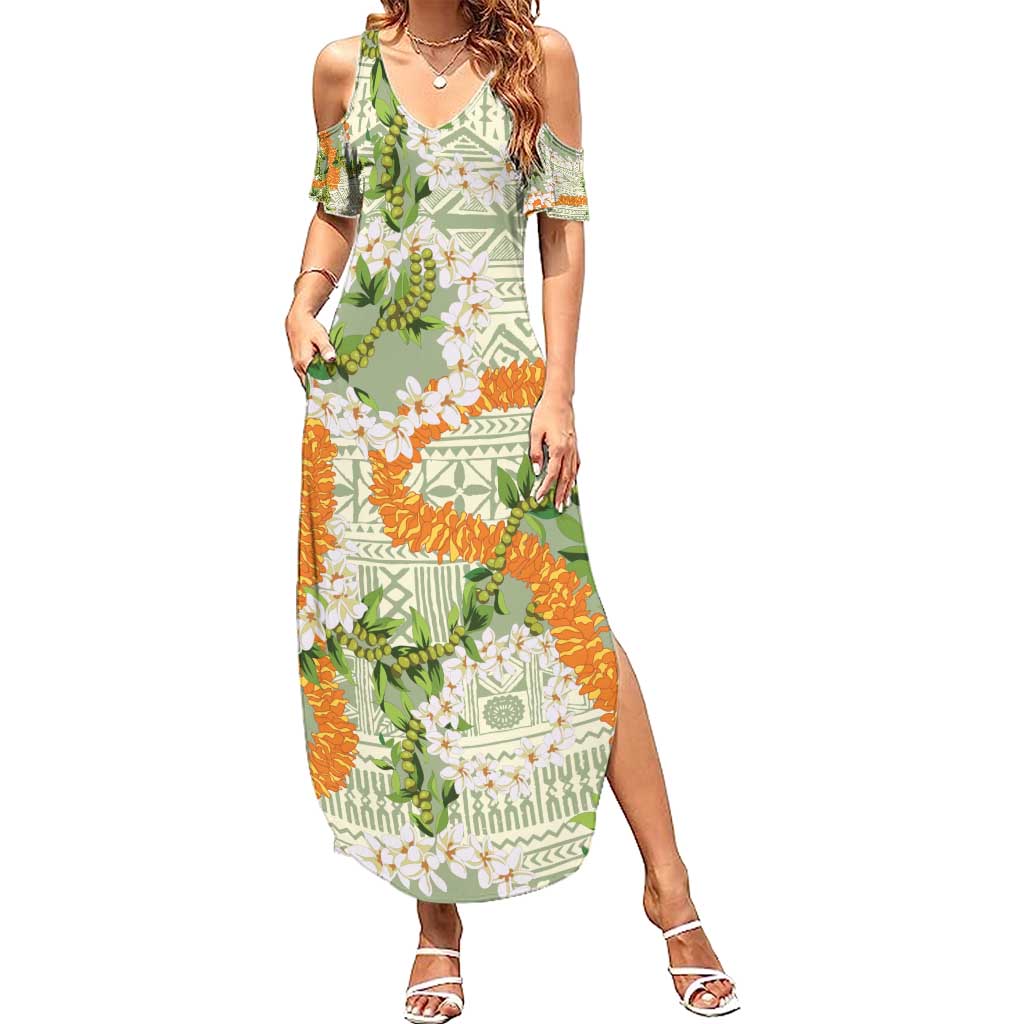 Aloha Festive Hawaii Family Matching Summer Maxi Dress and Hawaiian Shirt Mokihana - Maile Leis in Muted Summer - Polynesian Pride
