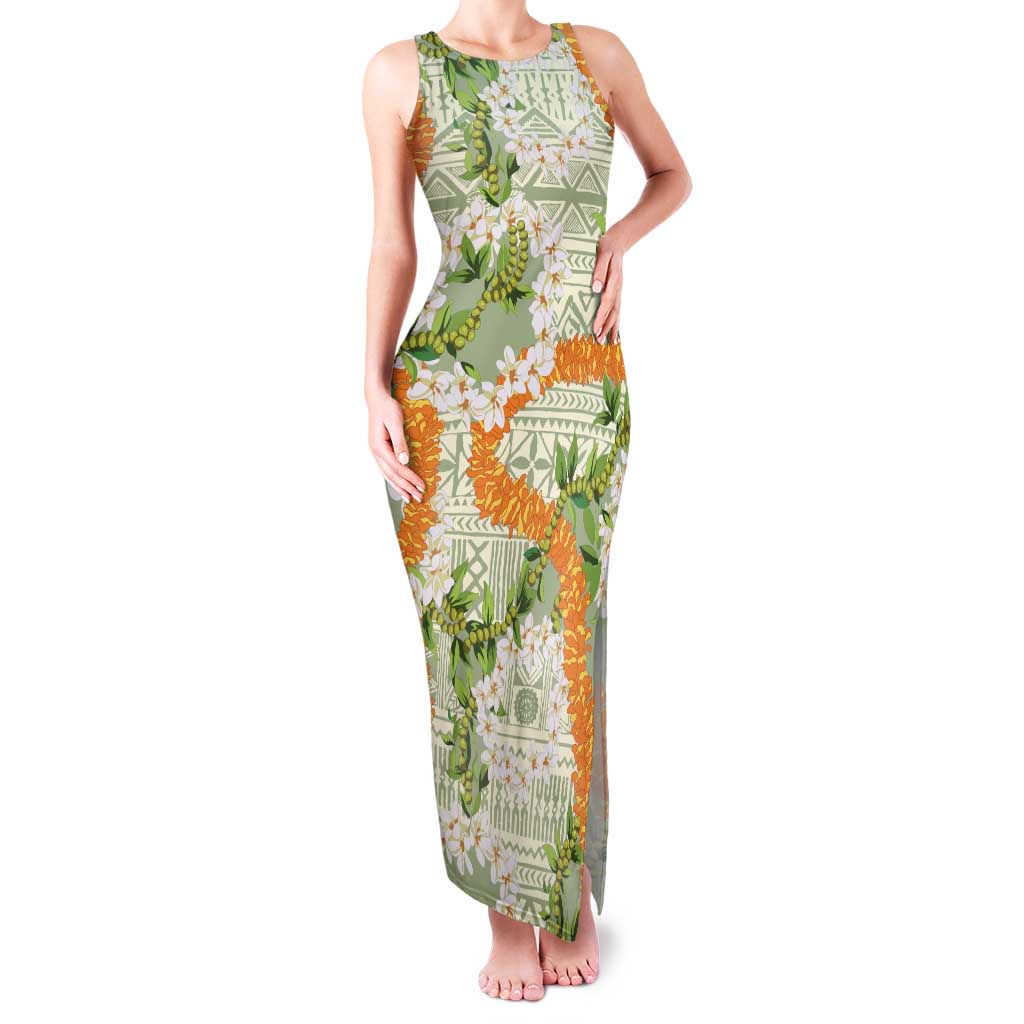 Aloha Festive Hawaii Family Matching Tank Maxi Dress and Hawaiian Shirt Mokihana - Maile Leis in Muted Summer - Polynesian Pride