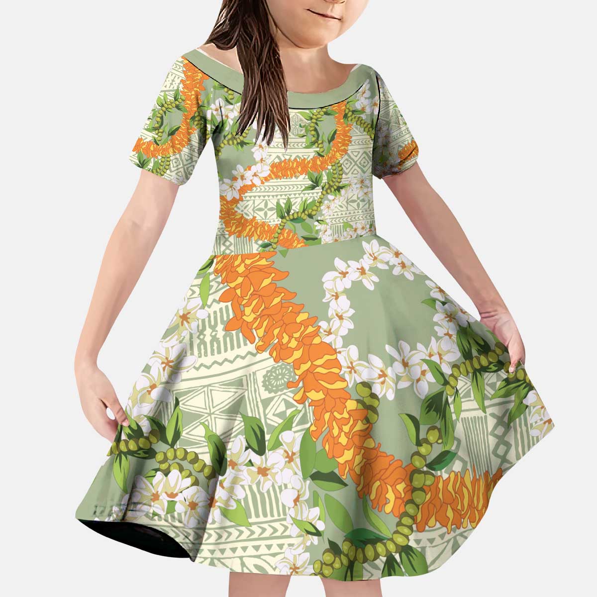 Aloha Festive Hawaii Kid Short Sleeve Dress Mokihana - Maile Leis in Muted Summer - Polynesian Pride