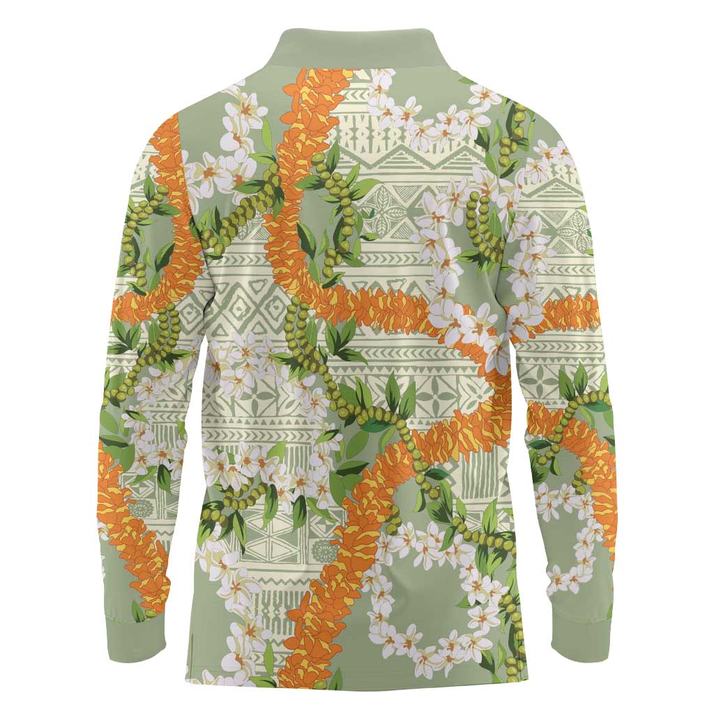Aloha Festive Hawaii Long Sleeve Polo Shirt Mokihana - Maile Leis in Muted Summer - Polynesian Pride