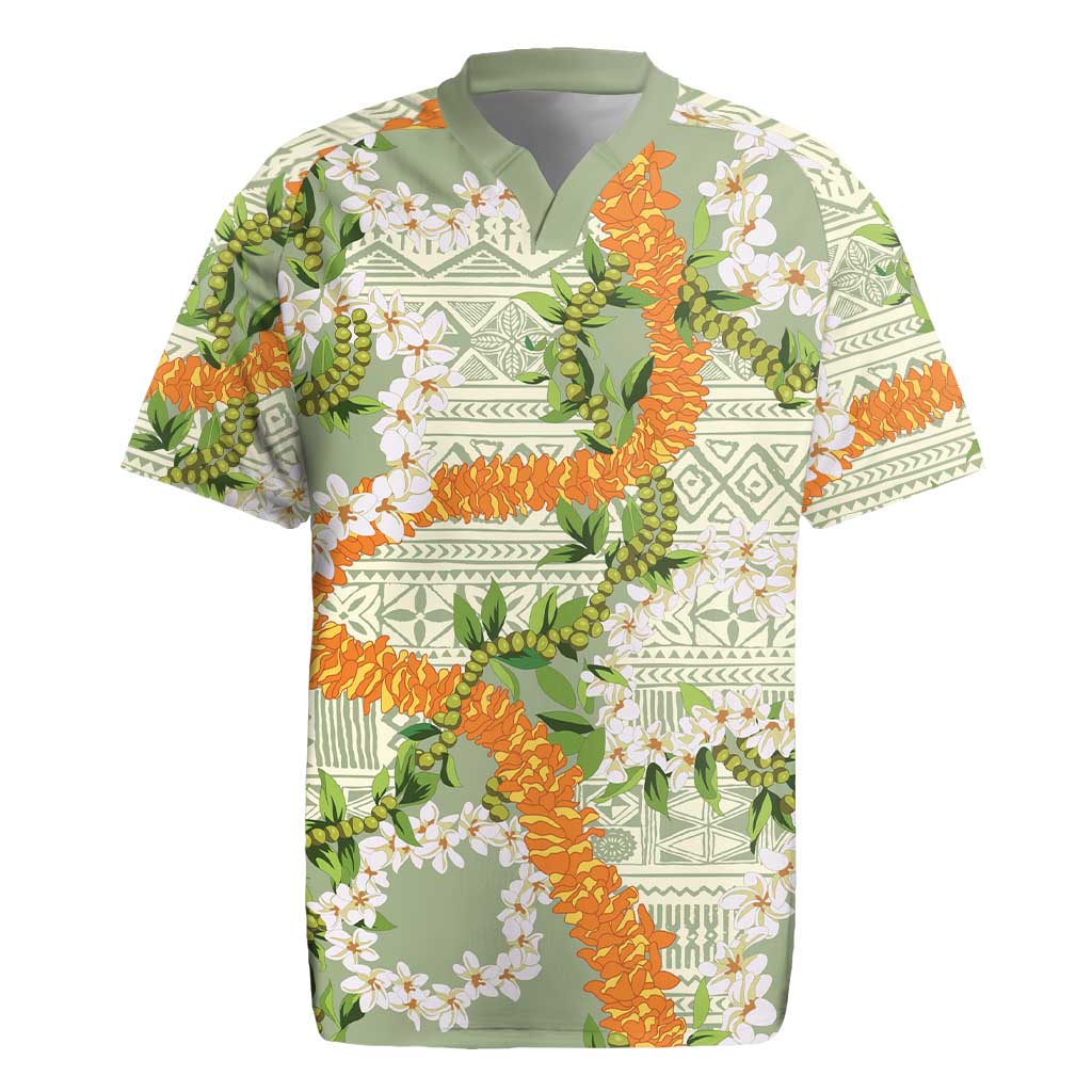 Aloha Festive Hawaii Rugby Jersey Mokihana - Maile Leis in Muted Summer - Polynesian Pride